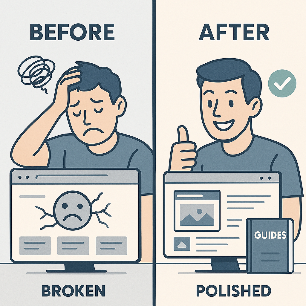 A split-screen illustration showing a frustrated man with a broken website on the left and a happy man with a polished website and guidebook on the right.