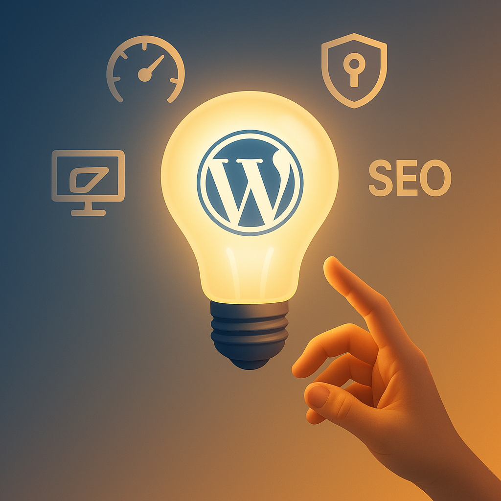 A glowing light bulb with the WordPress logo, surrounded by icons representing speed, security, SEO, and design, with a hand reaching toward it.