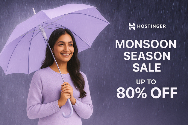 WordPress.com vs. WordPress.org – Which One Should You Choose? (2025 Guide) 2 Hostinger Monsoon Season Sale banner featuring a smiling woman with umbrella in light rain and up to 80% off offer