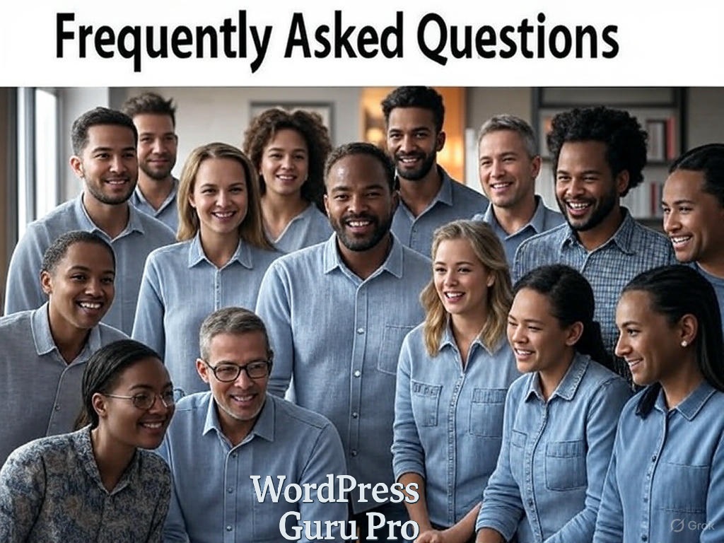 A diverse group of professionals smiling together under the heading "Frequently Asked Questions," representing the WordPress Guru Pro team.