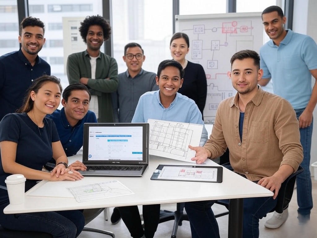 A diverse team of professionals collaborating in an office, with laptops, blueprints, and diagrams.