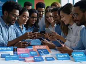 Blog 9 A vibrant digital marketing scene featuring diverse people using smartphones and tablets, with infographics showing brand mentions impact, and tools like Awario and Semrush, set against a colorful background with blue, green, and orange tones, and text overlay "Boost Your Brand with Mentions.