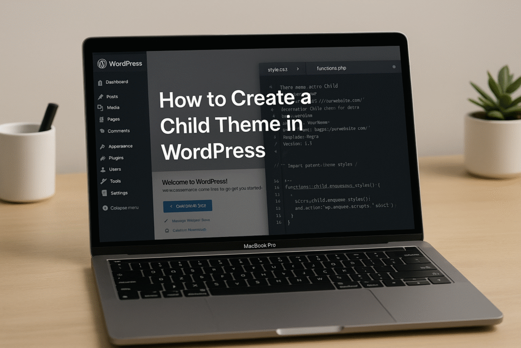 How to Create a Child Theme in WordPress (Beginner-Friendly Guide) 36 How to create a child theme in WordPress – code editor showing style.css and functions.php files on a MacBook Pro