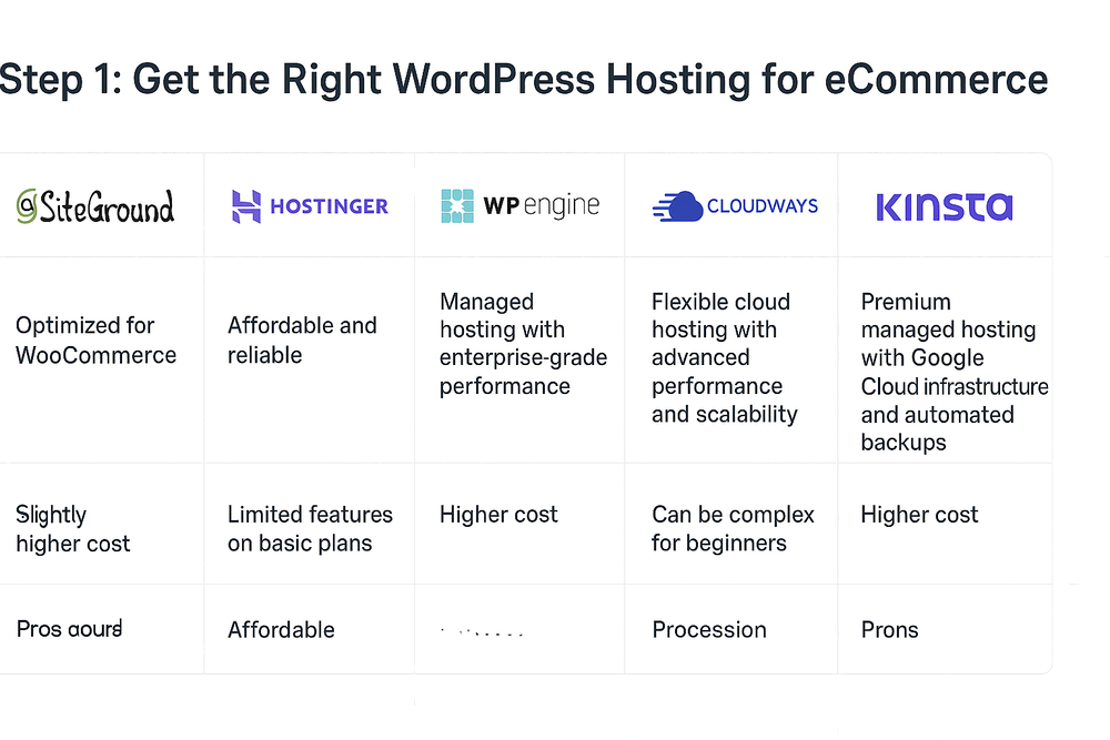 How to Start an Online Store with WordPress and WooCommerce in 2025: The Ultimate Guide 2 Comparison table of the best WordPress hosting for eCommerce in 2025 including SiteGround, Hostinger, WP Engine, Cloudways and Kinsta for starting an online store with WooCommerce