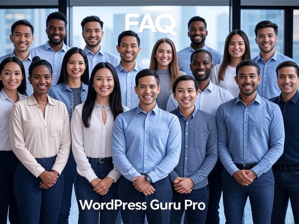 A diverse and professional team of smiling individuals standing together, representing the FAQ support team of WordPress Guru Pro.