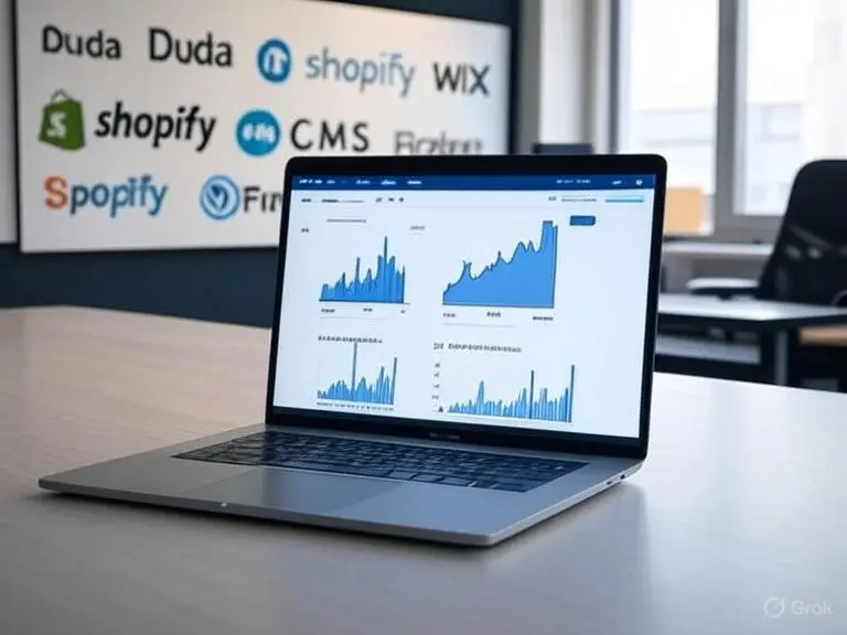 2025 Core Web Vitals Challenge: WordPress Versus Everyone 1 Laptop displaying 2025 Core Web Vitals Optimization graphs for LCP, INP, and CLS, with Duda, Shopify, and Wix CMS logos in the background.