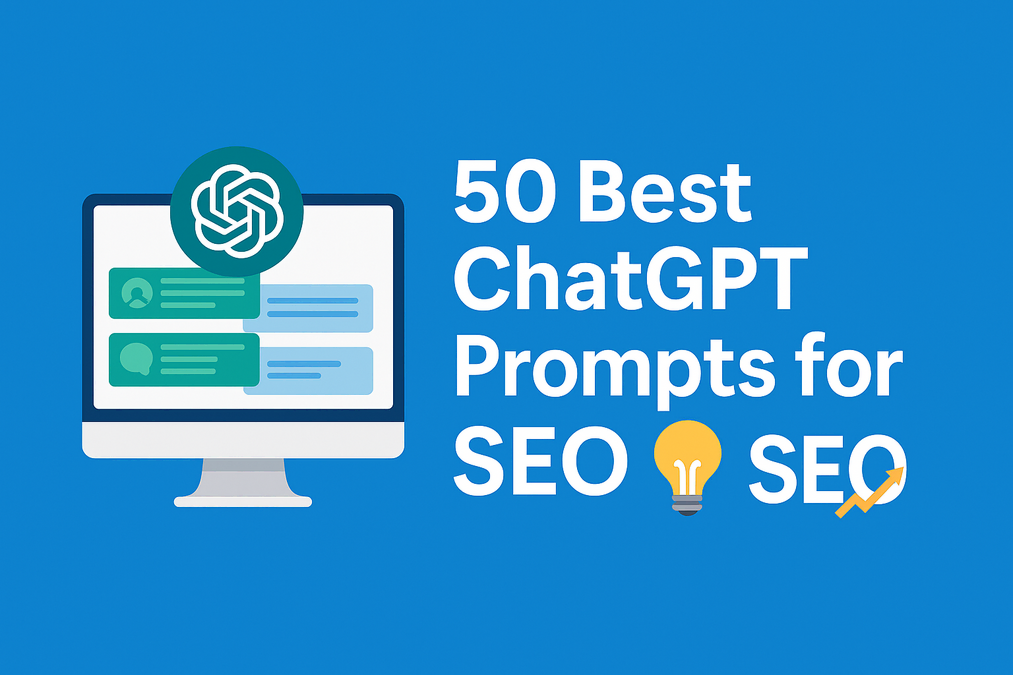50 Best ChatGPT Prompts for SEO: Skyrocketing Your Website in 2025 1 Illustration showcasing ChatGPT prompts for SEO with a computer screen and SEO icons on a blue background