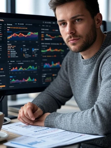 What Is Organic Search Visibility? How to Measure and Improve It 4 A professional analyzing a backlink profile on an Ahrefs interface, with documents showing link-building statistics and a coffee cup on the desk.