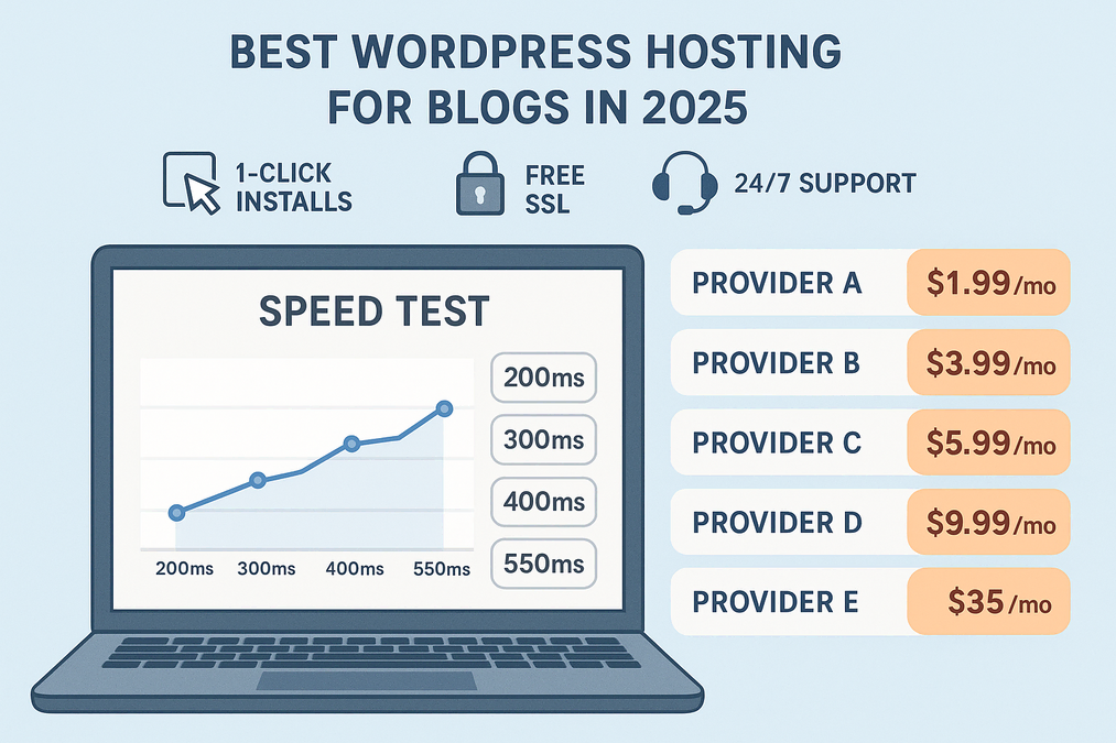 Best WordPress Hosting for Small Blogs in 2025: Fast, Affordable & Reliable Options 1 Comparison of best WordPress hosting for blogs in 2025 showing Bluehost, SiteGround and Kinsta dashboard interfaces with speed test results for affordable blog hosting solutions