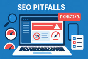 Blog 10 A laptop showing WordPress dashboard with error alerts, highlighting common WordPress SEO mistakes, beginner SEO errors, avoidable optimization pitfalls, and plugin issues.