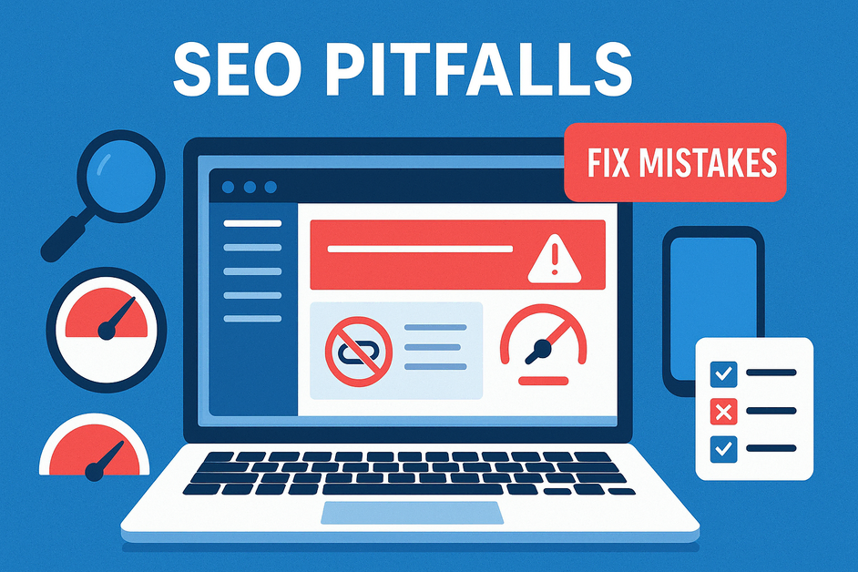 Top Common WordPress SEO Mistakes Beginners Make and How to Avoid Them 1 A laptop showing WordPress dashboard with error alerts, highlighting common WordPress SEO mistakes, beginner SEO errors, avoidable optimization pitfalls, and plugin issues.