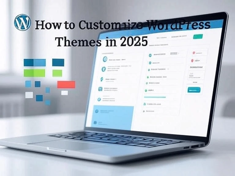 How to Customize WordPress Themes Easily in 2025 18 Customize WordPress themes in 2025 with a sleek laptop displaying the Full Site Editor, featuring color swatches and Gutenberg blocks, WordPress logo, and a blue, green, and red design.