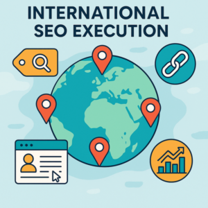 Blog 23 Infographic showing global strategy for International SEO Execution with a globe, location pins, and SEO icons.