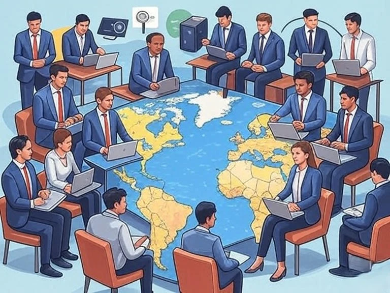 International SEO Execution: Keyword Research, Link Building & UX That Converts 2 Illustration of global SEO strategy with location pins, hreflang code, and digital tools for international SEO execution