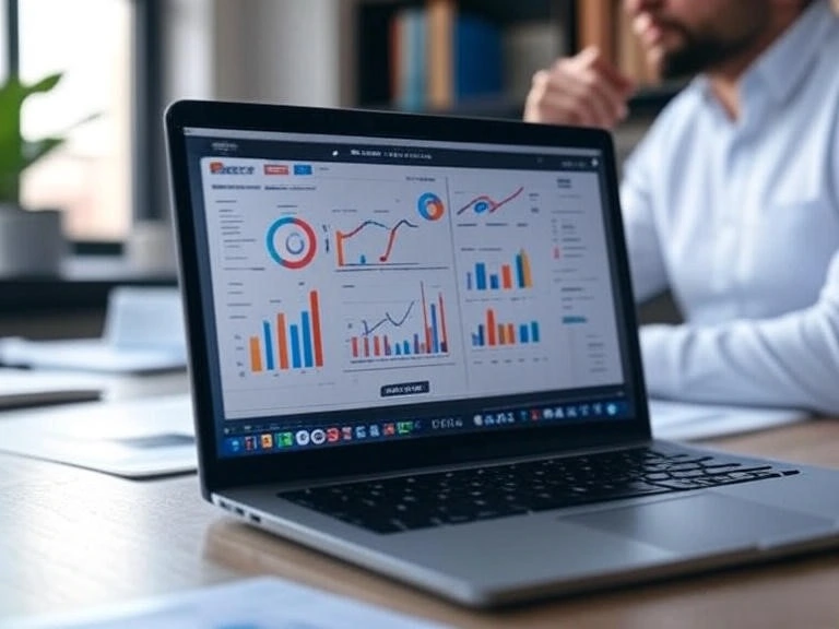 What Is Organic Search Visibility? How to Measure and Improve It 2 A digital workspace with a laptop displaying a keyword research dashboard from SEMrush, surrounded by colorful charts and a notepad with SEO strategy notes.