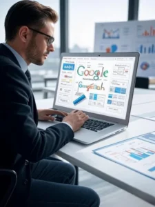Blog 25 A professional setting with a laptop displaying a Google Search Console interface and printed charts and graphs analyzing organic search visibility, SEO tools, and strategies like keyword research and backlink building.