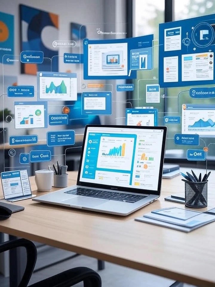 How to Create SEO-Optimized Blogs for WordPress with Perplexity & GPT, Keywords & Media 1 SEO-optimized WordPress blog analytics with Perplexity AI and GPT, featuring a modern desk setup with a laptop displaying charts and keywords.
