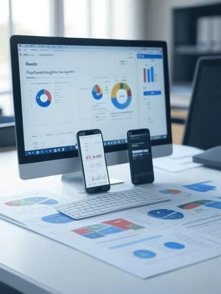 What Is Organic Search Visibility? How to Measure and Improve It 3 A screenshot of Google PageSpeed Insights showing site speed optimization results, with a mobile device and printed Core Web Vitals charts on a desk.