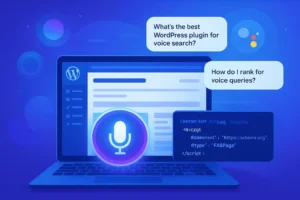 Blog 14 Illustration of Voice Search Optimization for WordPress with microphone and FAQ schema on a laptop.