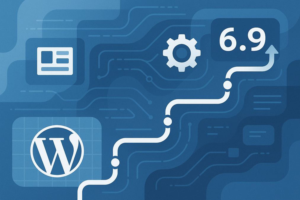 π Roadmap to WordPress 6.9: What's Coming Next? 1 Illustration of the WordPress 6.9 roadmap showing upcoming features, Gutenberg Phase 3, and performance improvements in the 2025 update