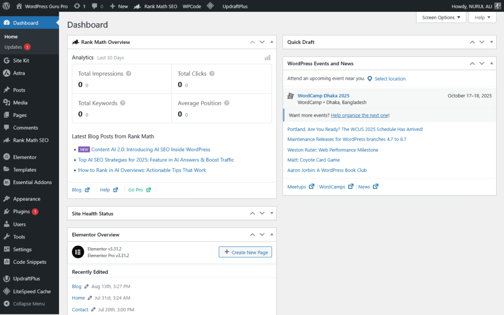 WordPress 101: Understanding the Dashboard for New Users 2 A screenshot of the WordPress Dashboard showing site health, analytics, and recent updates.