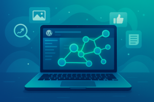 Blog 4 Illustration of a laptop displaying a WordPress dashboard with interconnected nodes representing a WordPress link-building strategy, surrounded by SEO and backlink icons.
