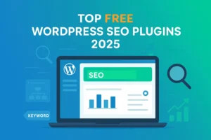 Blog 12 Best free WordPress SEO plugins 2025 displayed on a laptop screen with SEO tools and ranking graphs, highlighting top-rated WordPress SEO plugins for optimization.