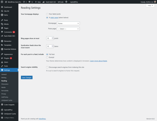 WordPress SEO Settings: The Ultimate Beginner’s Guide 3 Reading configuration in WordPress SEO settings for homepage and visibility